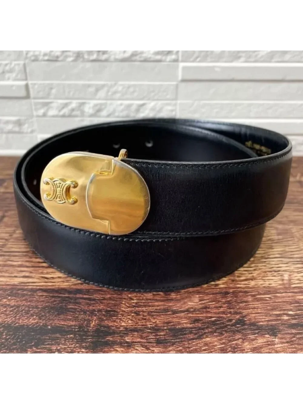 Celine Leather Triomphe Logo Buckle Belt Black